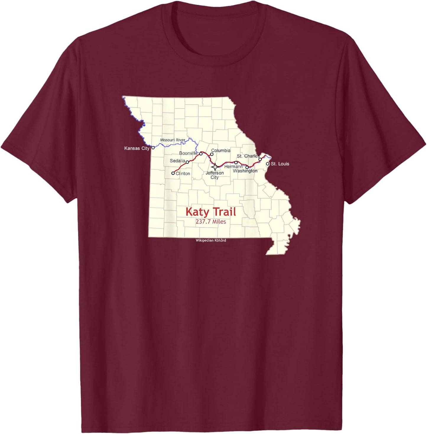 Katy Trail Route Map T-Shirt - T-Shirt | Maroon