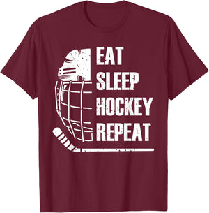 Eat Sleep Hockey Repeat Funny Mask Stick Ice Hokey Player T-Shirt - T-Shirt | Maroon