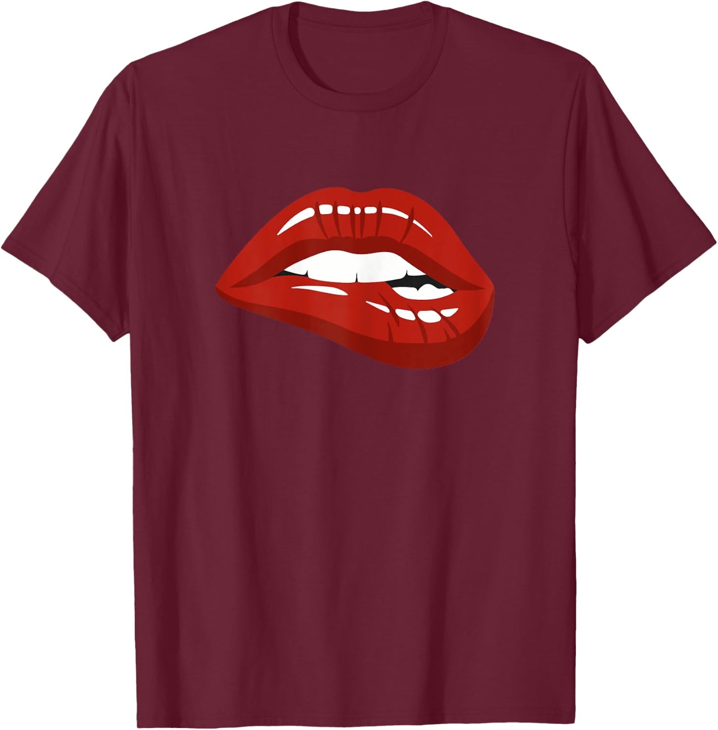Red Lips Biting Lipstick Makeup T-Shirt - T-Shirt | Maroon