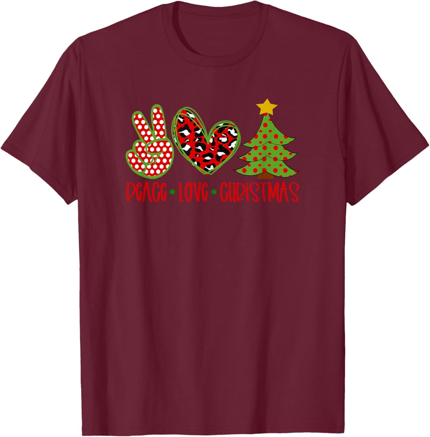 Peace Love Christmas T-Shirt - T-Shirt | Maroon