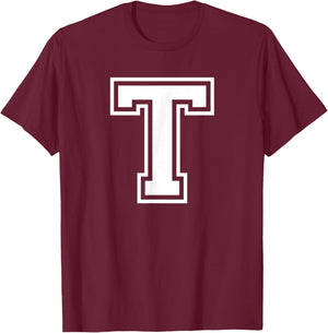 Letter T Name Initial Varsity Alphabet Monogram T-Shirt - T-Shirt | Maroon