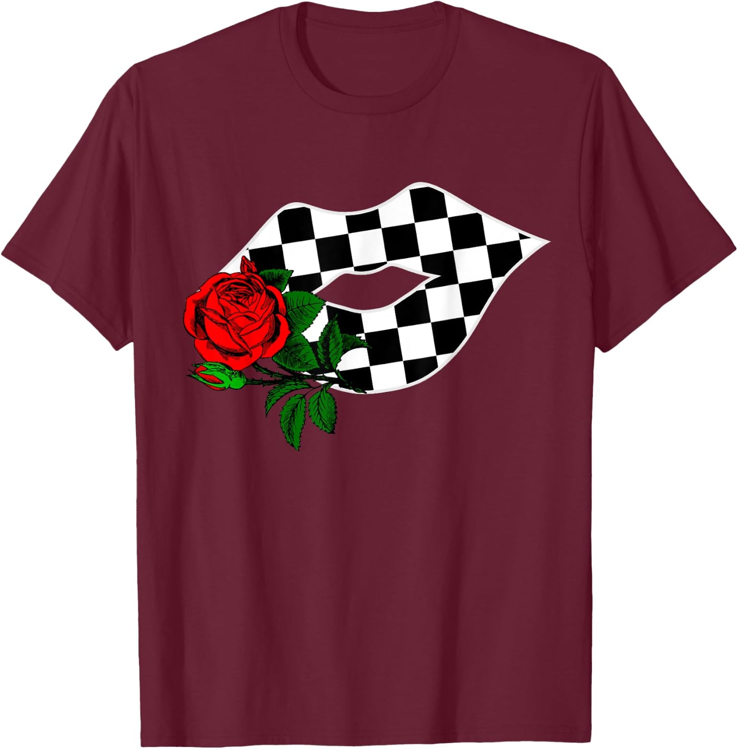 Checkered Lips Kiss With Red Rose Flower Racing T-Shirt - T-Shirt | Maroon