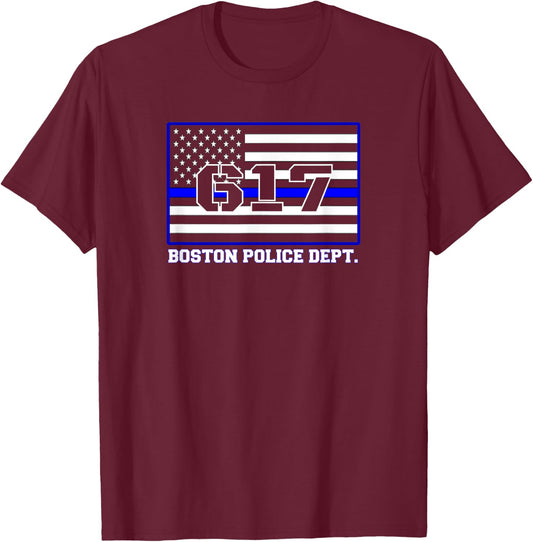 City Boston Massachusetts Police Officer USA Flag Code 617 T-Shirt - T-Shirt | Maroon