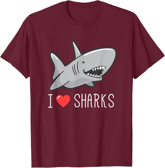 I Love Sharks for Kids and Adults Marine Life T-Shirt - T-Shirt | Maroon