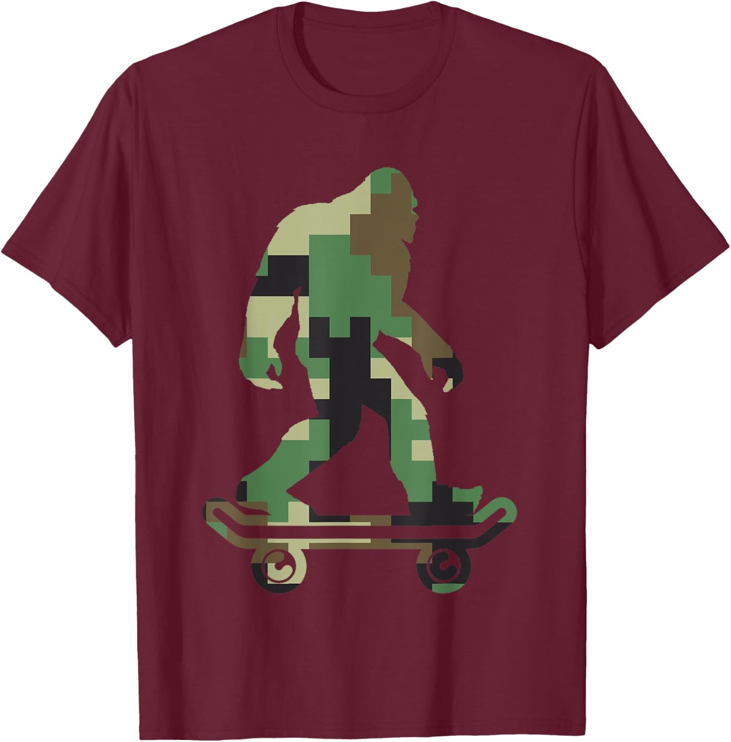 Retro Skater Hide and Seek Champion Apparel Bigfoot Camouflage Skateboarders Sasquatch Skateboarding T-Shirt - T-Shirt | Maroon