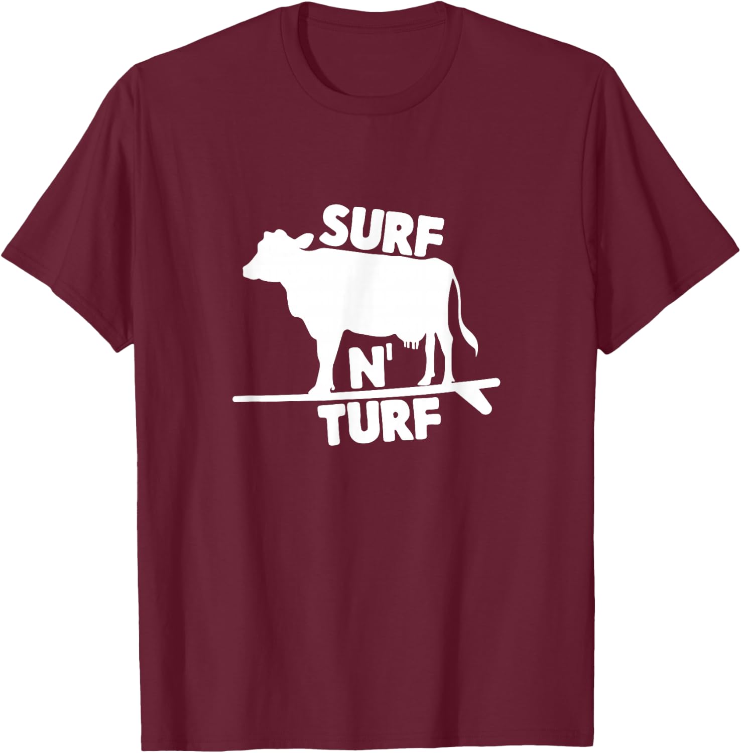Surf N' Turf Cow Surfing T-Shirt - T-Shirt | Maroon