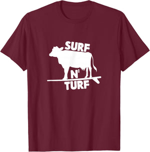 Surf N' Turf Cow Surfing T-Shirt - T-Shirt | Maroon