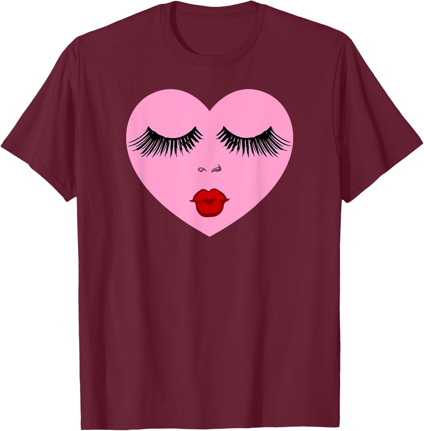 Pink Lady Heart with Eyelashes Valentines Day Kiss T-Shirt - T-Shirt | Maroon