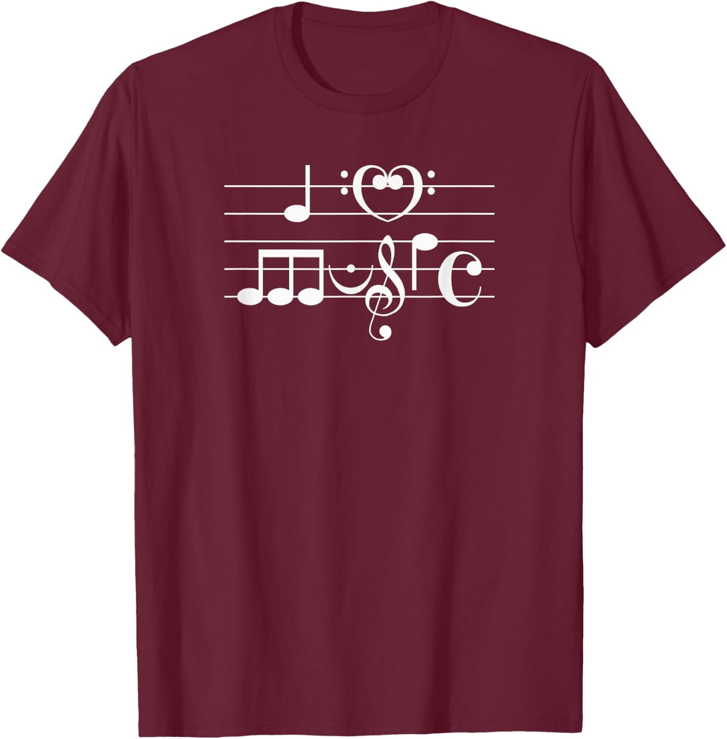 I Love Music Spelled Out In Musical Symbols White Print T-Shirt - T-Shirt | Maroon