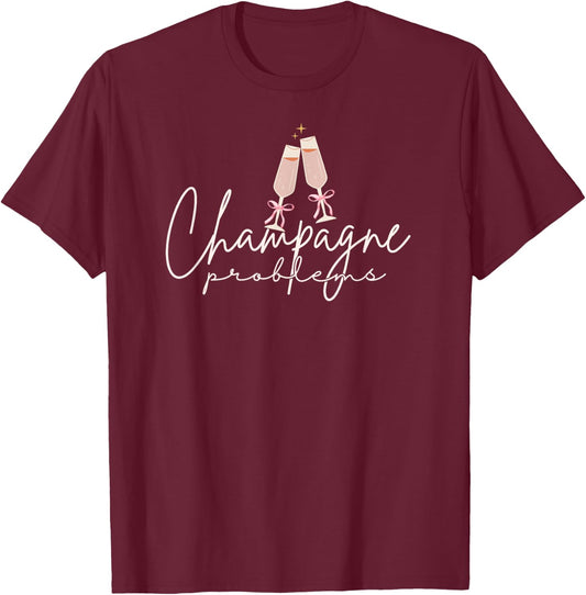 Champagne Problems Pink Coquette Bows Women Drinking T-Shirt - T-Shirt | Maroon