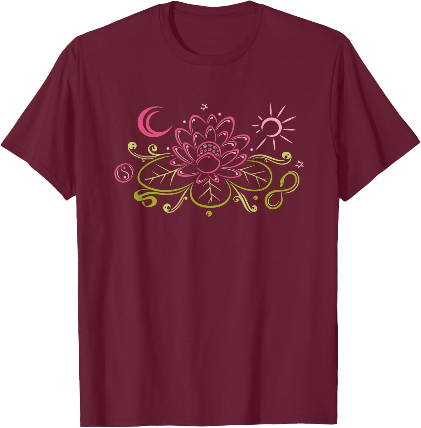 Lotus flower . Lotus with moon, yin yang and sun. T-Shirt - T-Shirt | Maroon