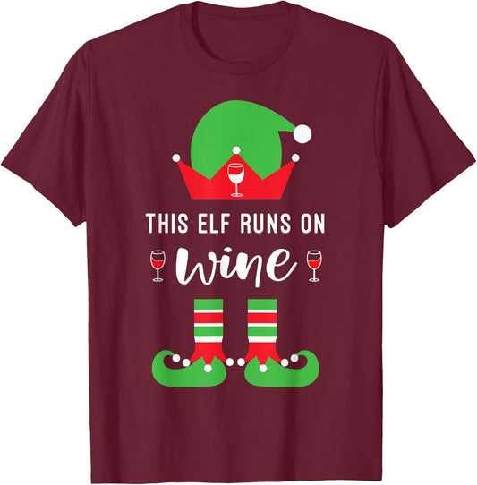 This Elf Runs On Wine Funny Christmas Wine Lover T-Shirt - T-Shirt | Maroon