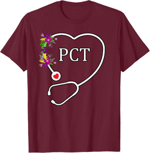 PCT Patient Care Technician Tech Floral Heart Stethoscope T-Shirt - T-Shirt | Maroon
