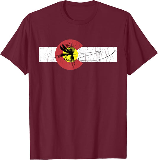 Colorado Flag with Fly Fishing Design T-Shirt - T-Shirt | Maroon