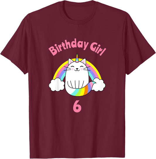 Kids 6th Birthday Shirt Girl Caticorn Sixth Cat Six Outfit T-Shirt - T-Shirt | Maroon
