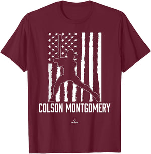 Distressed Flag Swing Colson Montgomery Prospect Baseball T-Shirt - T-Shirt | Maroon