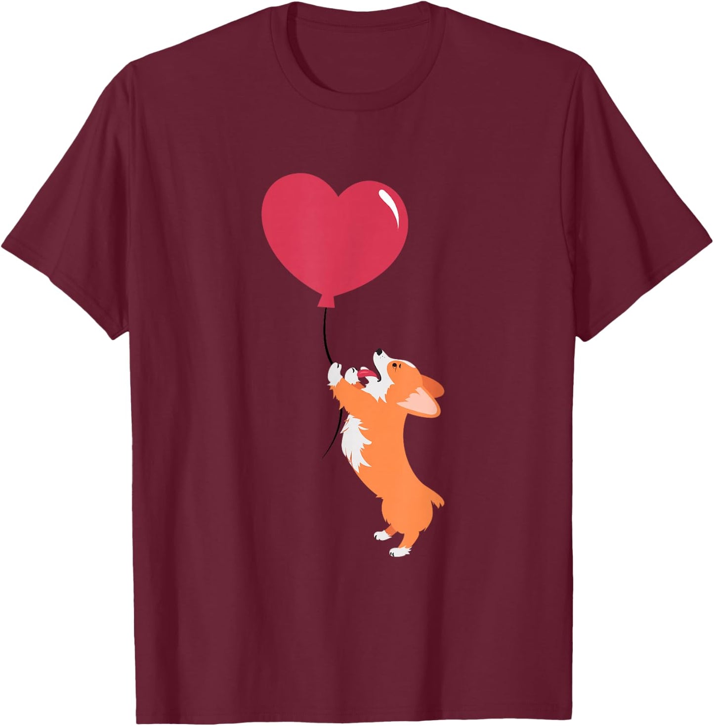 ROSS BOSS Cute Corgi Puppy Dog Holding A Valentines Balloon -Adults Kids Black Short Sleeve Valentine's Day Dog Themed T-Shirt - T-Shirt | Maroon