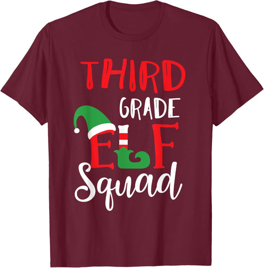 Elf Squad Third Grade Christmas Teacher Top T-Shirt - T-Shirt | Maroon