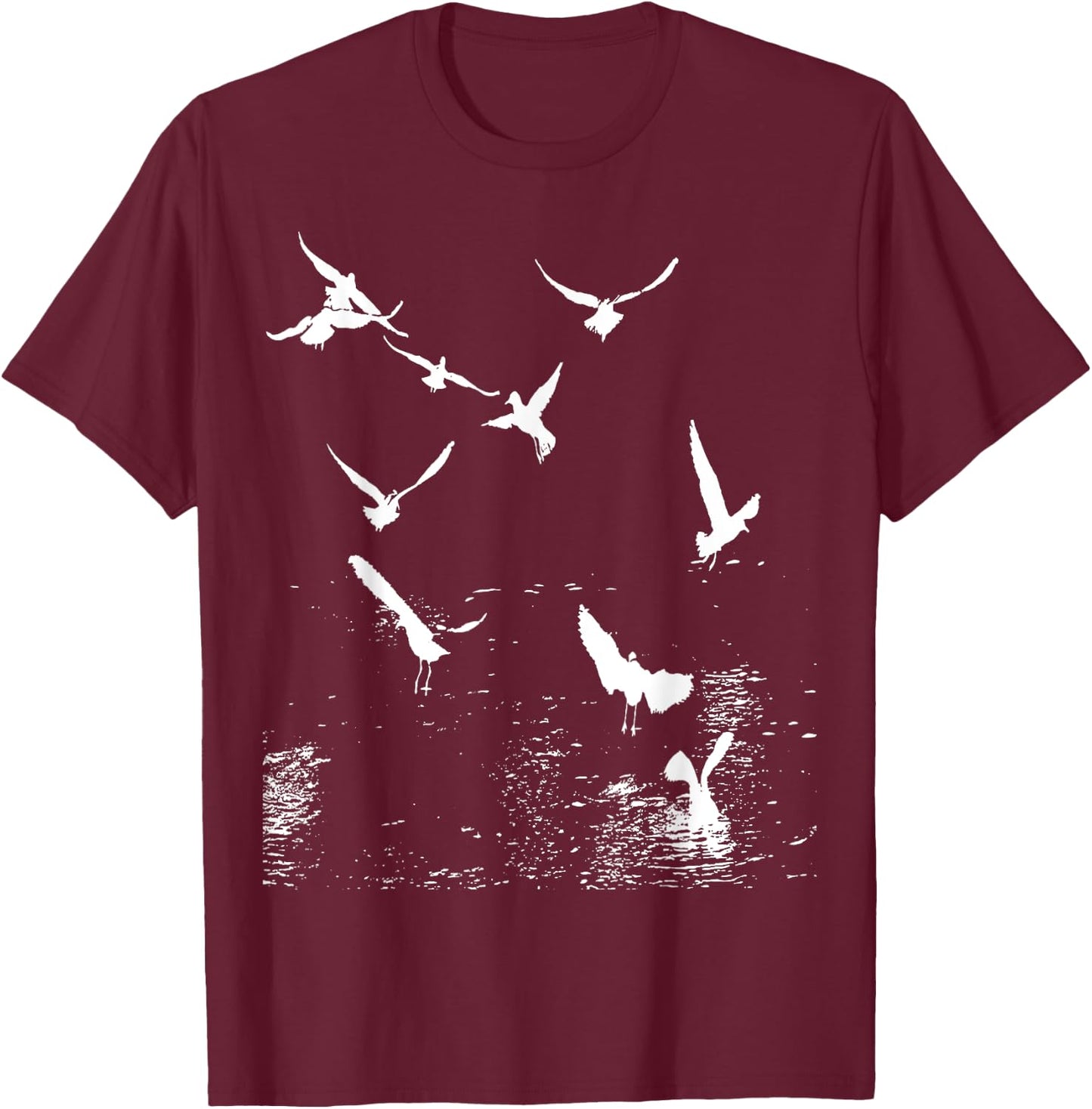 White Silhouette Of A Flock Of Seagulls Over Water T-Shirt - T-Shirt | Maroon