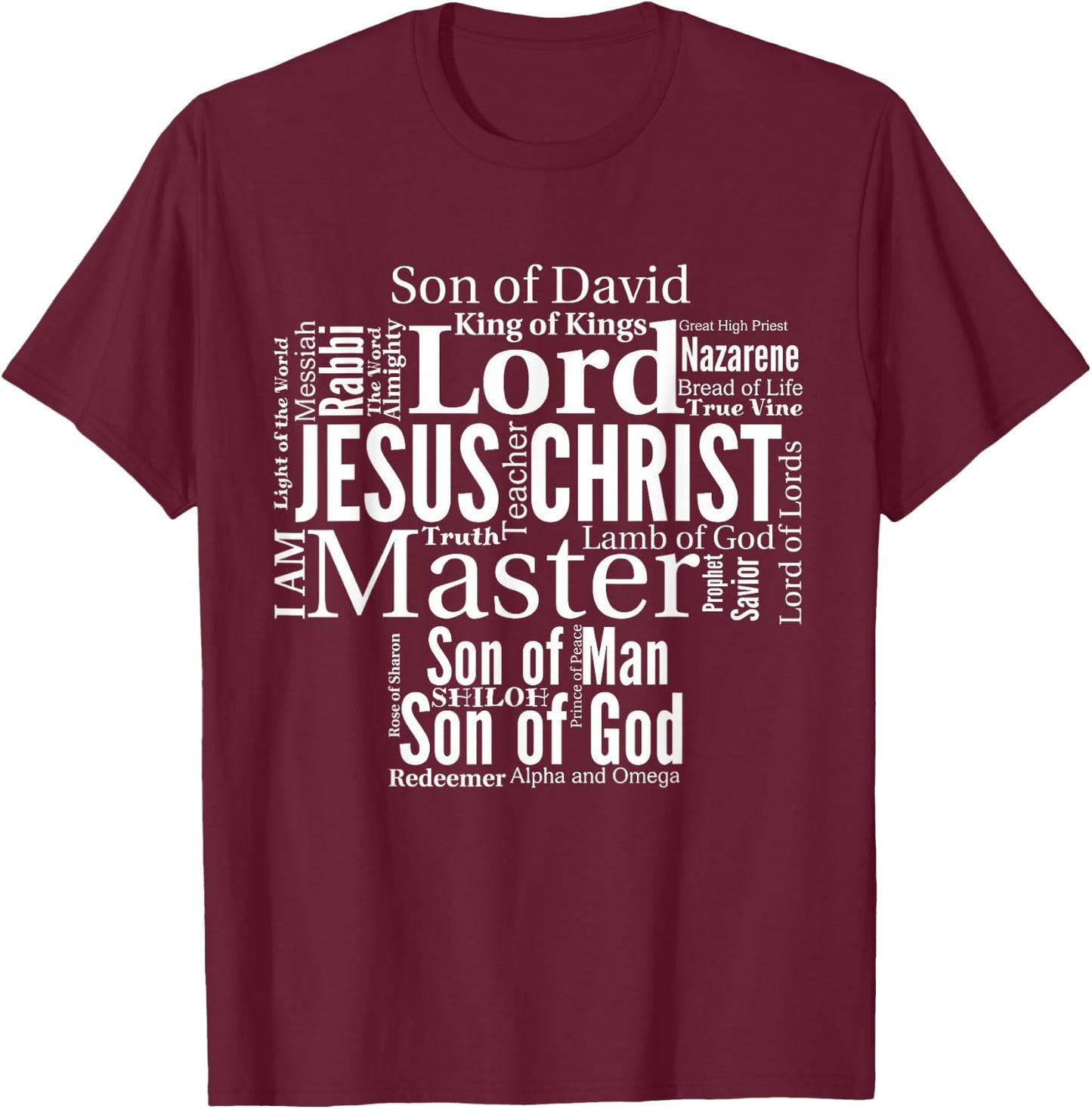 The Names of Jesus white text T-Shirt - T-Shirt | Maroon
