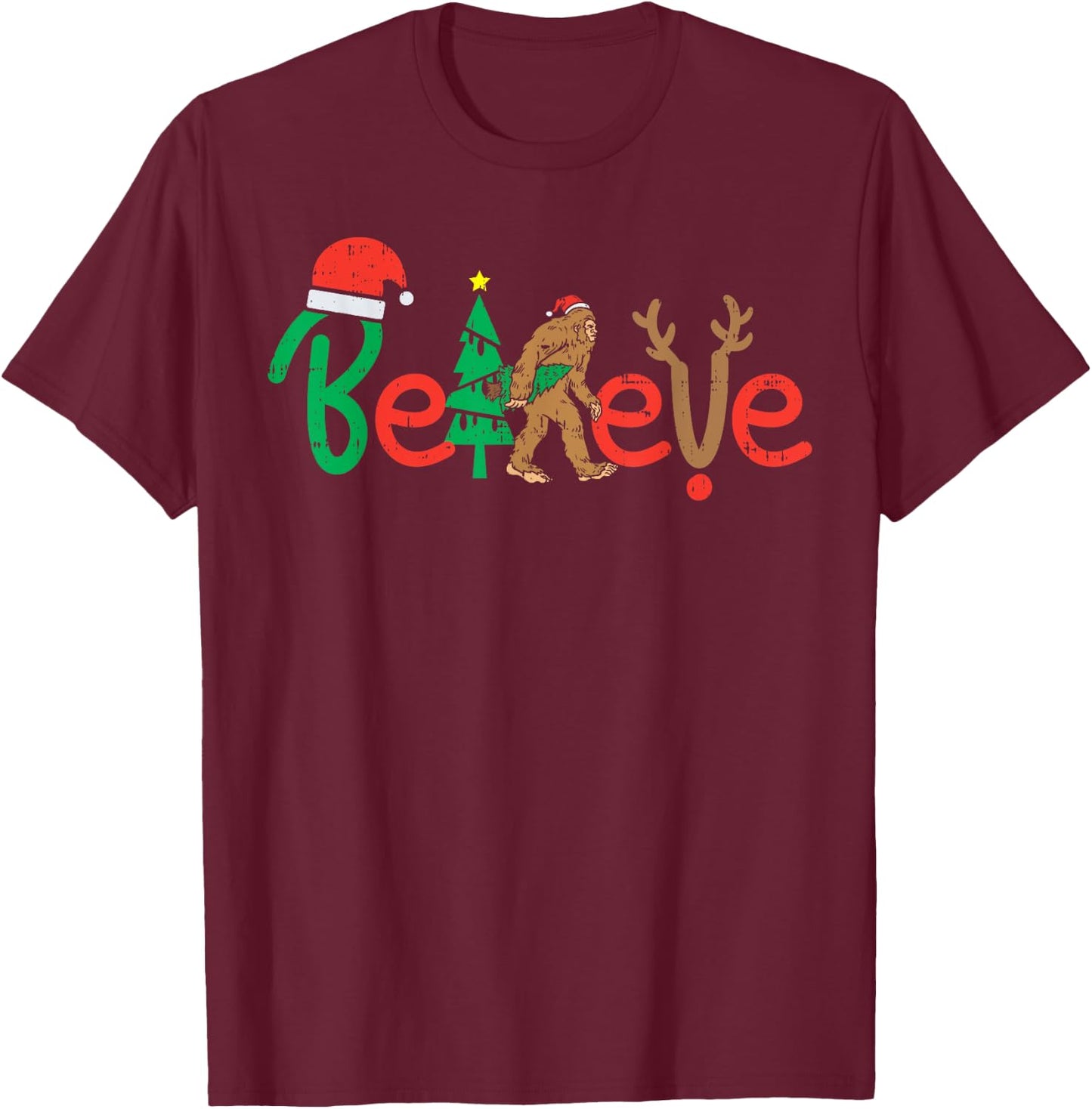 Believe Bigfoot Sasquatch Santa Reindeer Christmas Tree Gift T-Shirt - T-Shirt | Maroon