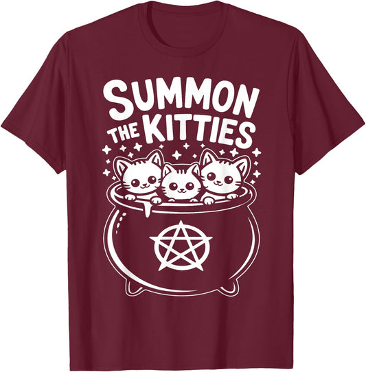 Summon The Kitties Cute Witches Cauldron Halloween T-Shirt - T-Shirt | Maroon