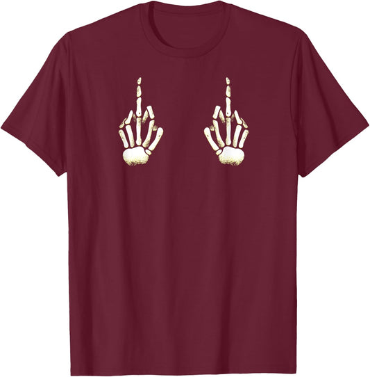 Skeleton Middle Finger Hands Boobs Halloween Fuck off T-Shirt - T-Shirt | Maroon