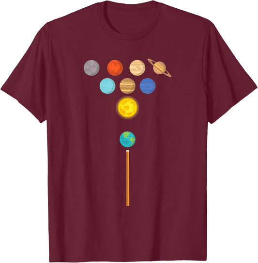 Earth Billiard Ball Strucking Planets Funny Pool T-Shirt - T-Shirt | Maroon