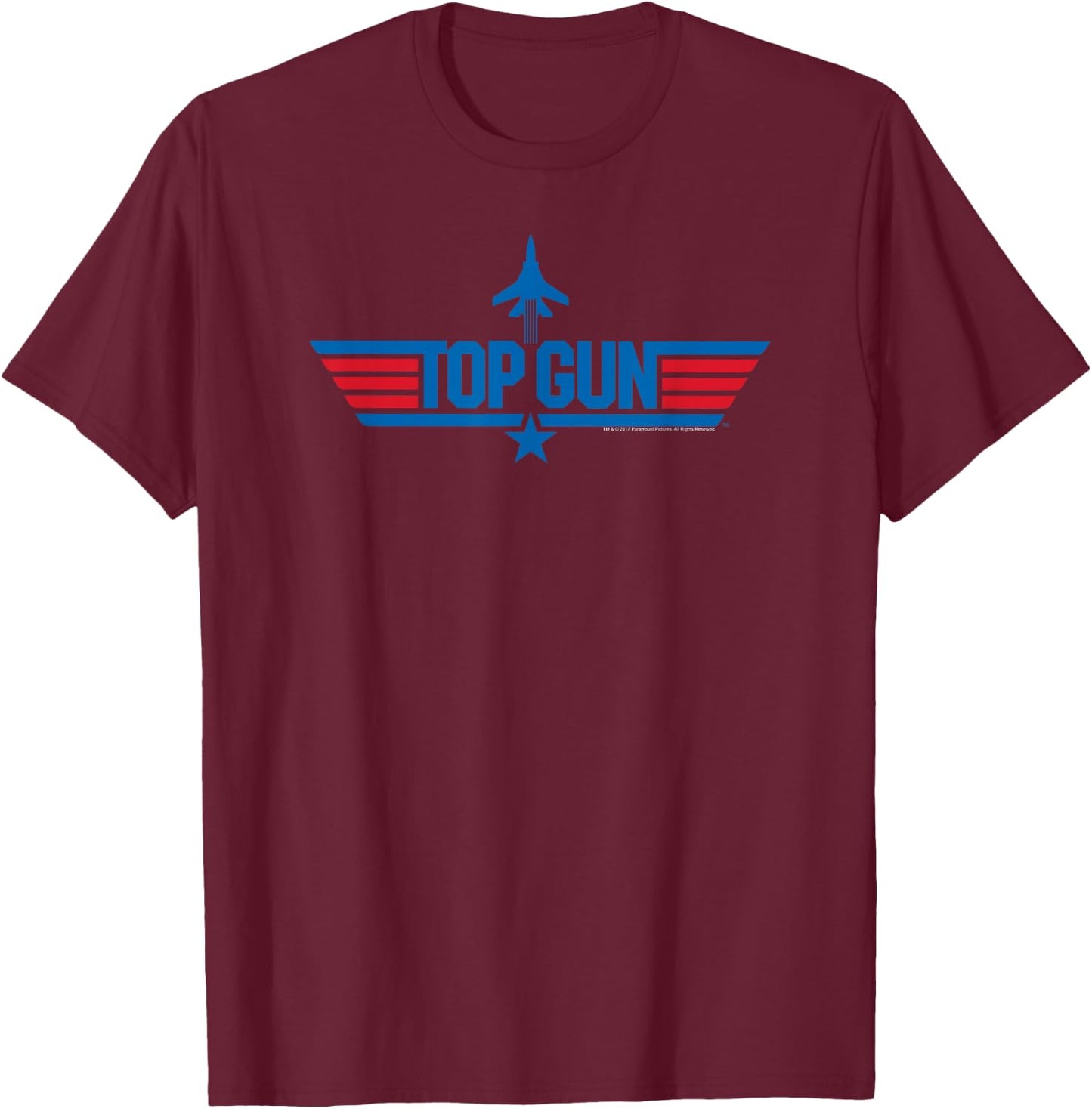Top Gun Long Logo with Jet Red and Blue Action Movie T-Shirt - T-Shirt | Maroon