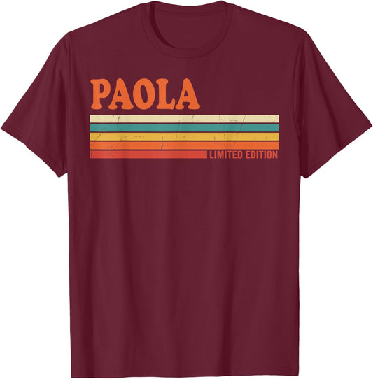Paola Retro Personalized First Name Vintage Stripes T-Shirt - T-Shirt | Maroon