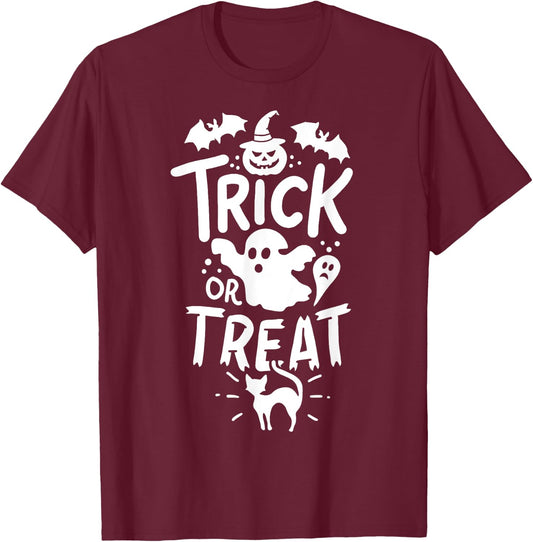 Halloween Trick Or Treat Bat Ghost Pumpkin Cat Women Kids T-Shirt - T-Shirt | Maroon