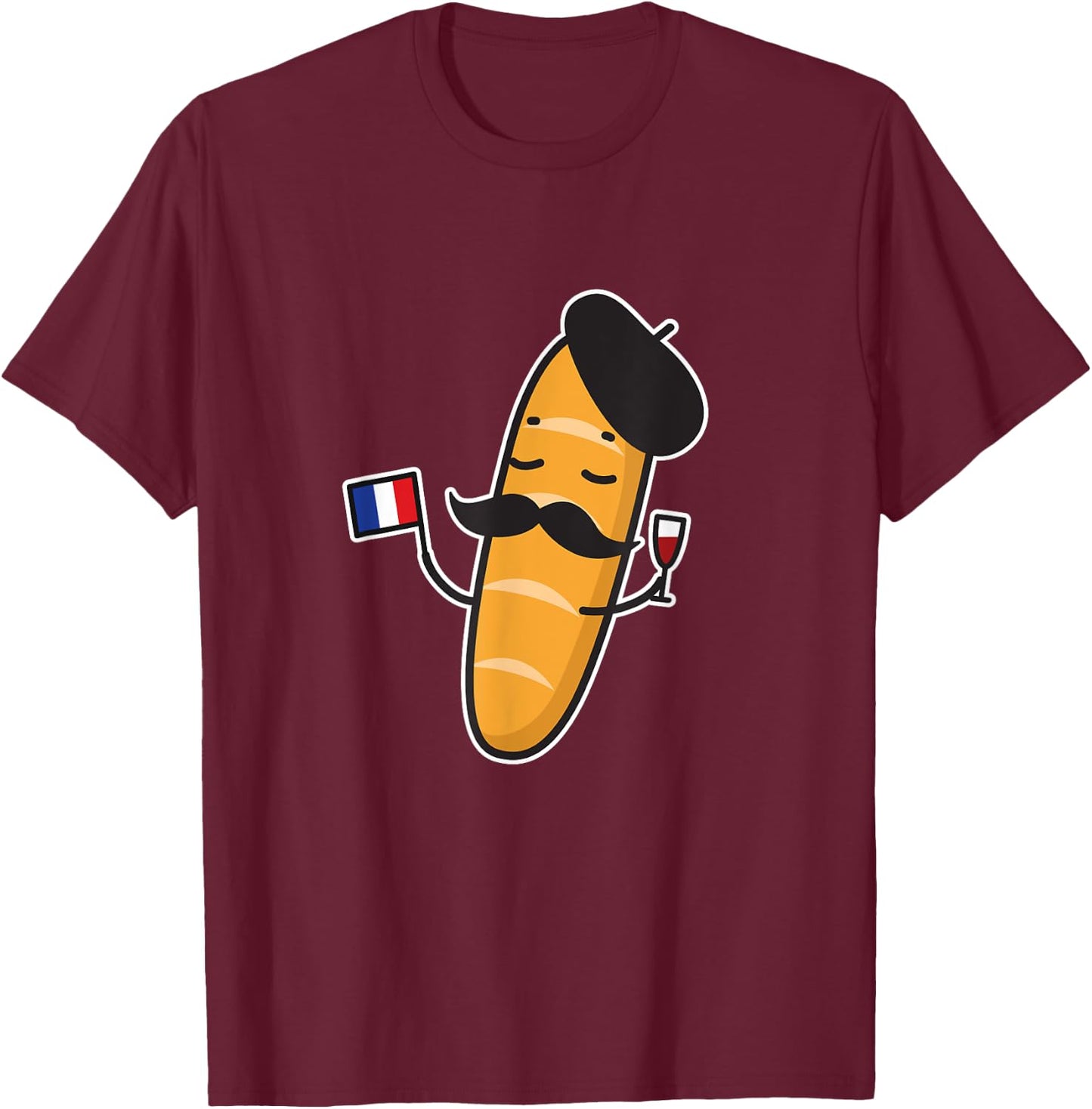 French Baguette Holding A French Flag And Wine Glass Shirt T-Shirt - T-Shirt | Maroon