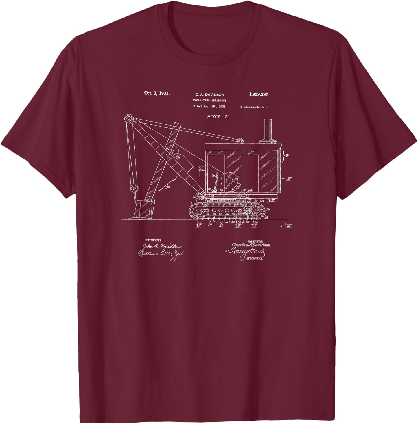 Vintage 1933 Construction Excavator Patent Print Gift T-Shirt - T-Shirt | Maroon