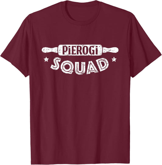 FOLKLOVE STUDIO | Designed by Ola PIEROGI SQUAD Retro Rolling Pin Polish Pierogi Team -Adults Black T-Shirt - T-Shirt | Maroon