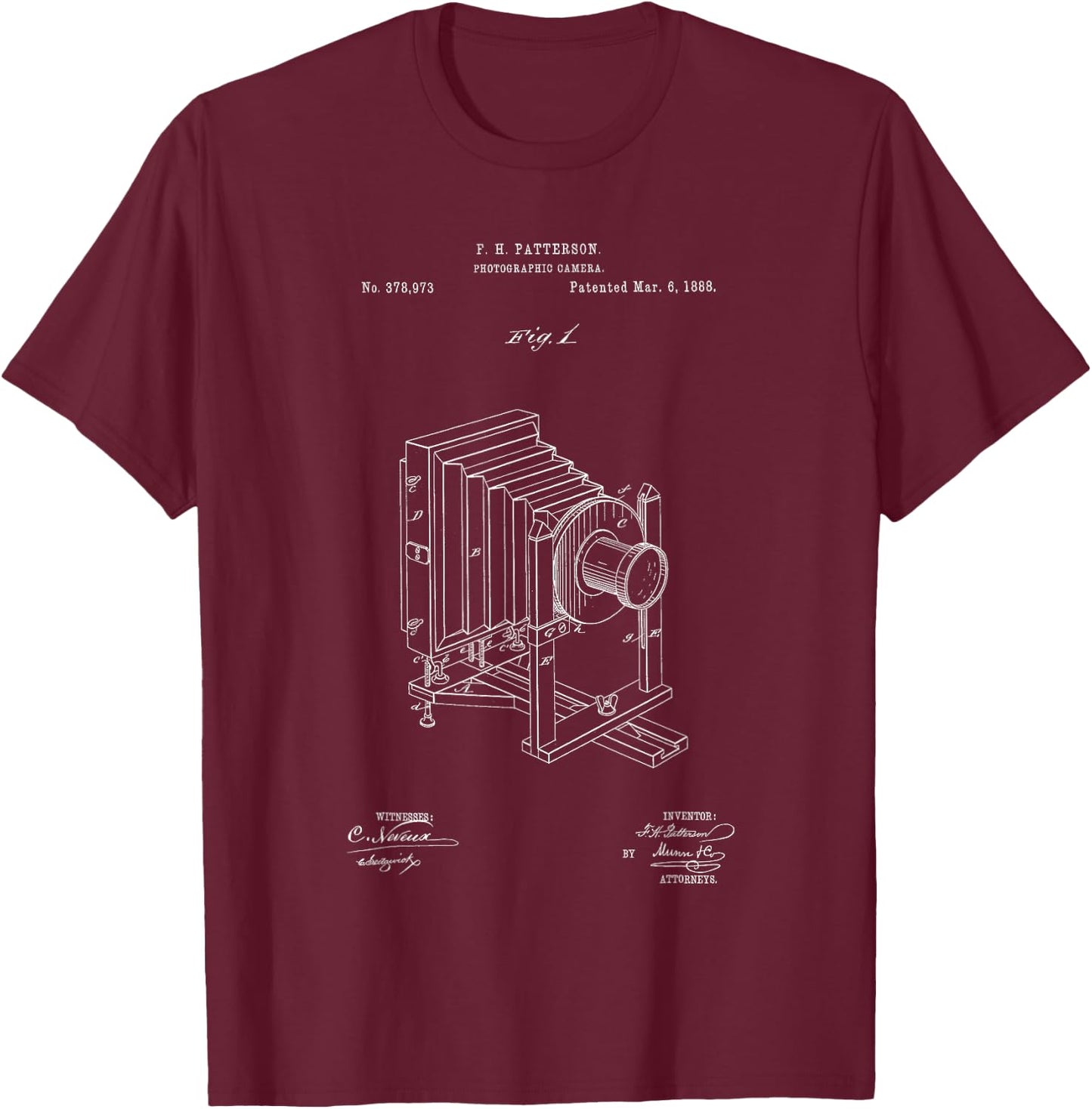Camera Man with Antique Patent Art Camera T-Shirt - T-Shirt | Maroon