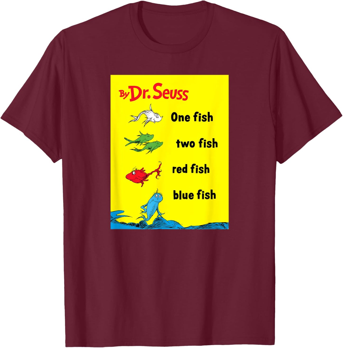 Dr. Seuss One Fish Two Fish Book Cover T-Shirt - T-Shirt | Maroon