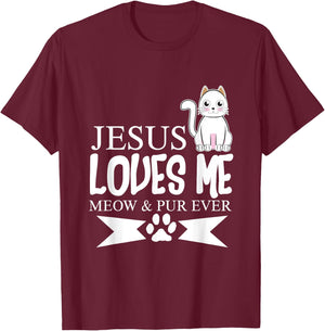 Jesus Loves Me Meow Shirt Christian Youth Gifts T-Shirt - T-Shirt | Maroon