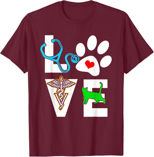 Love With Paw Print Stethoscope Veterinary Medicine T-Shirt - T-Shirt | Maroon