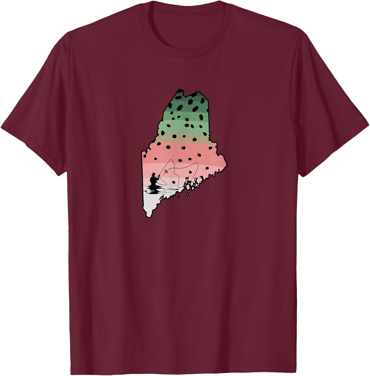 Vintage Fish Maine State Map ME Fly Fishing Rainbow Trout T-Shirt - T-Shirt | Maroon