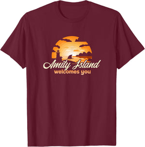 Amity Island Welcomes You Sunset Funny Shark T-Shirt - T-Shirt | Maroon