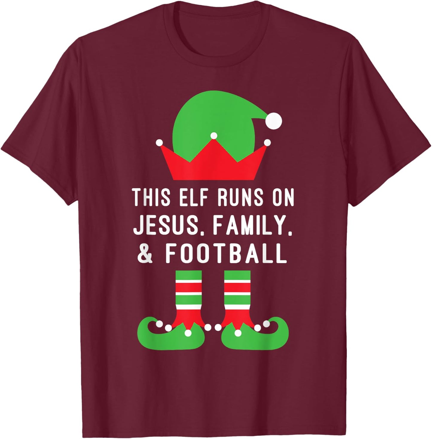 This Elf Runs On Jesus,Family, Football Christian Christmas T-Shirt - T-Shirt | Maroon