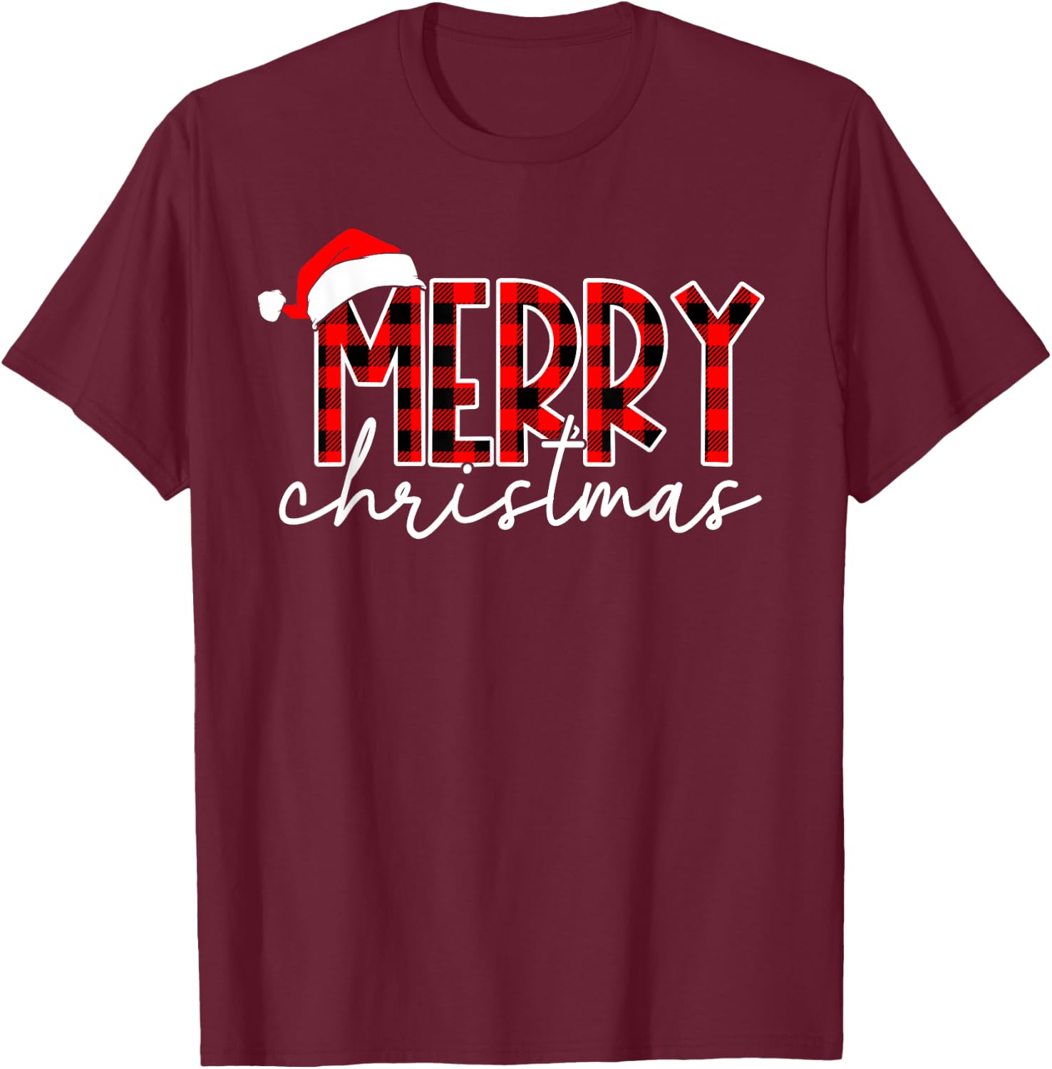 Merry Christmas Buffalo Plaid Red Santa Hat Xmas Pajamas T-Shirt - T-Shirt | Maroon