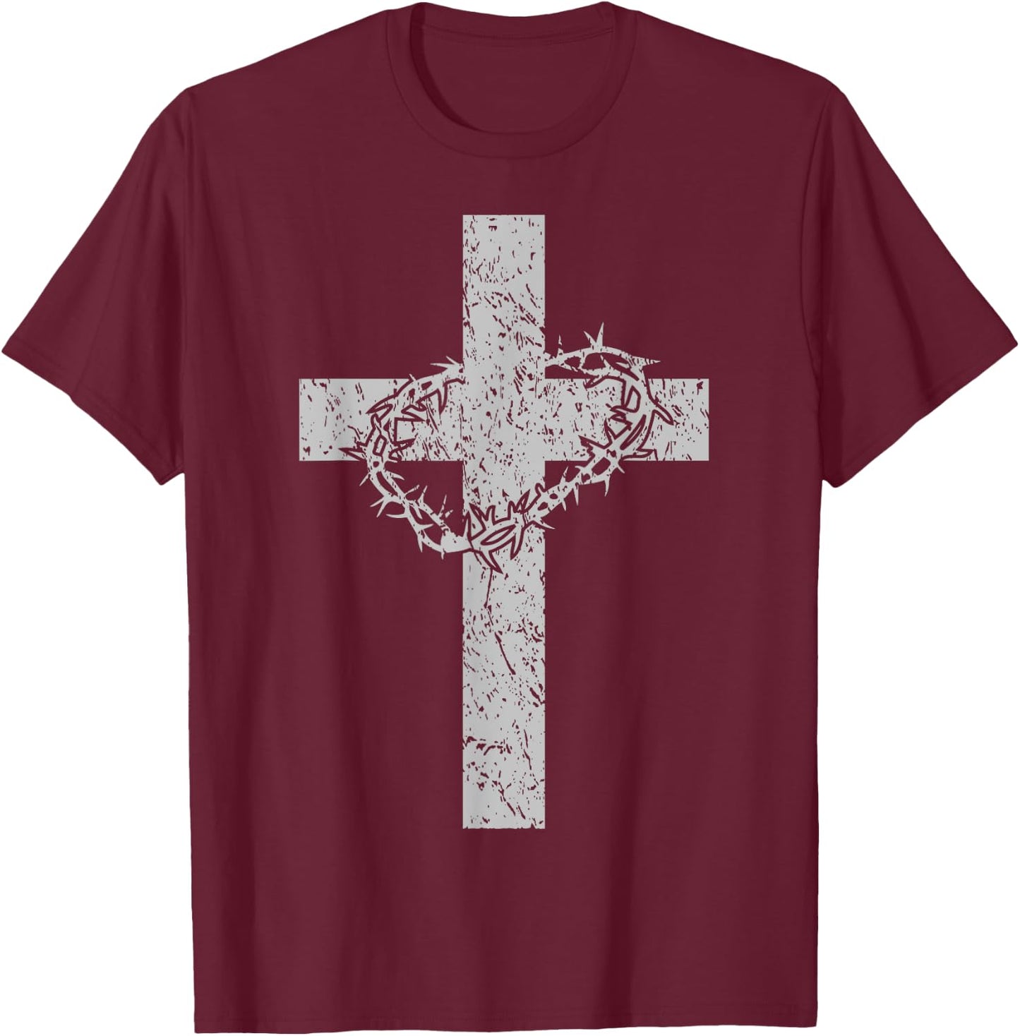 Vintage Distressed Cross & Crown of Thorns Christian T-Shirt - T-Shirt | Maroon