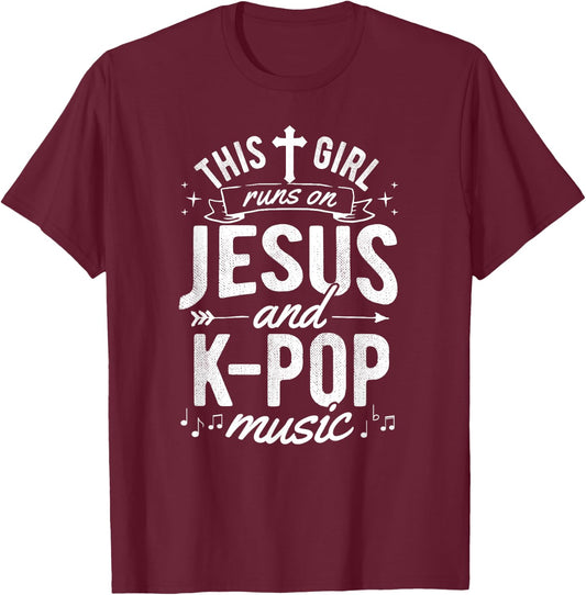 Korean K-Pop Girl Women Gift Runs On Jesus T-Shirt - T-Shirt | Maroon