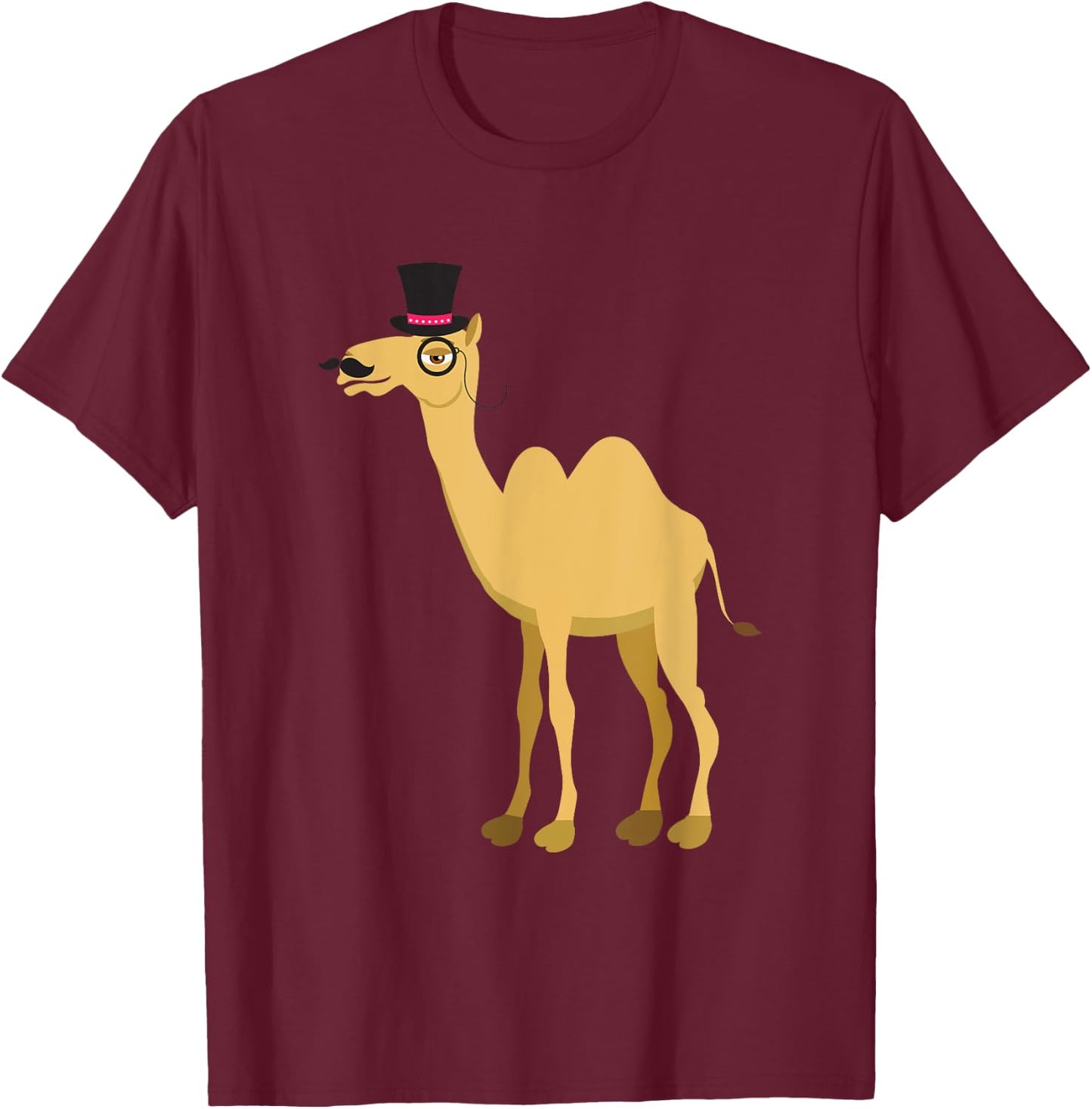 Mr Camel With Curly Retro Moustache, Hat And Monocle T-Shirt - T-Shirt | Maroon