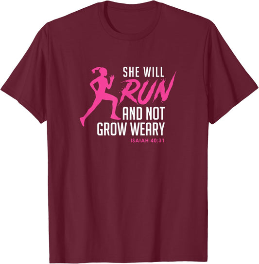 She Will Run & Not Grow Weary - Cool Ladies Running T-Shirt - T-Shirt | Maroon