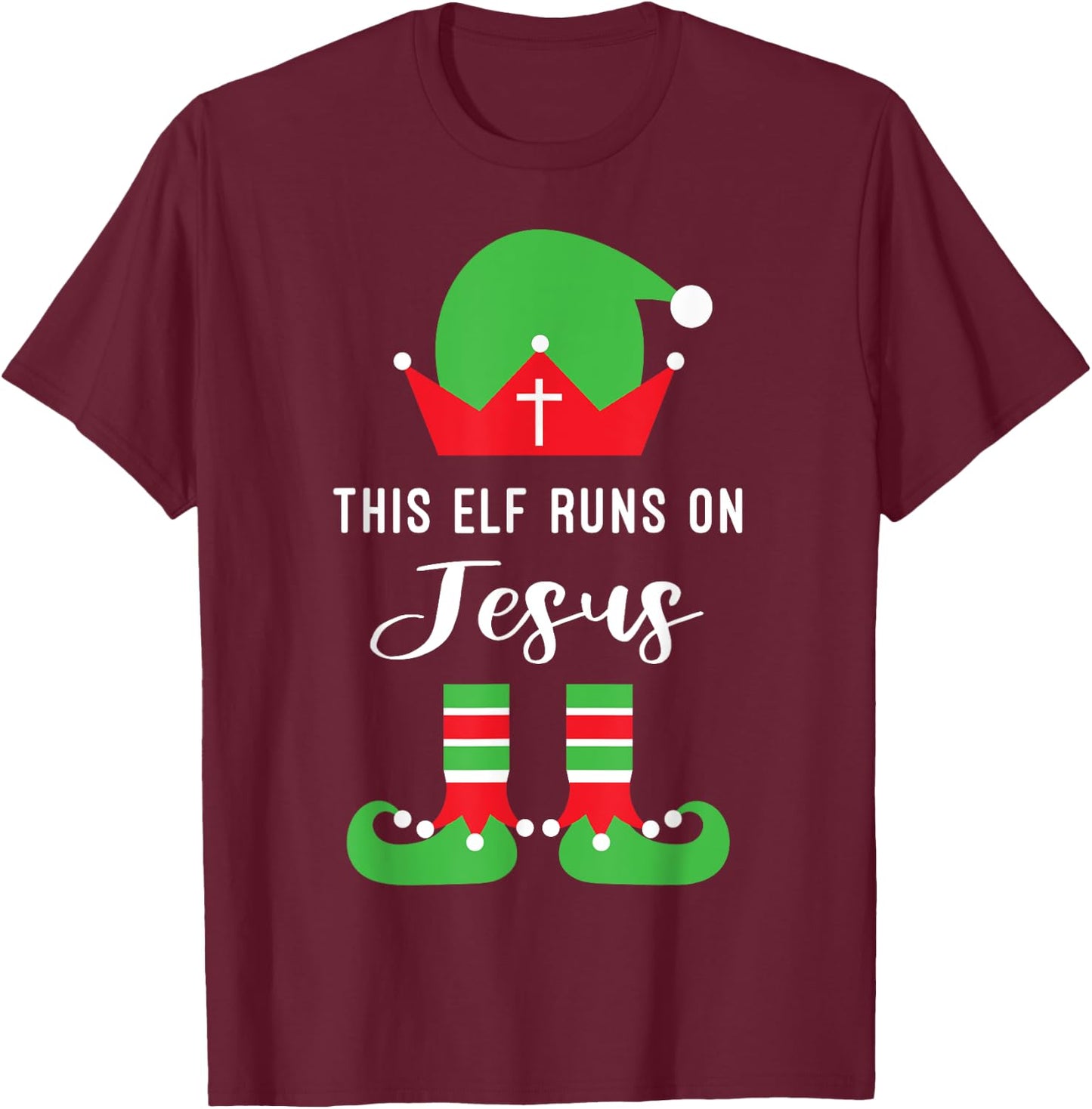 This Elf Runs On Jesus Christian Religious Christmas T-Shirt - T-Shirt | Maroon