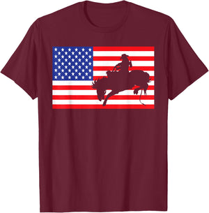 Rodeo USA American Flag Bull Rider Cow Cowboys 4th Of July T-Shirt - T-Shirt | Maroon