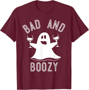 Bad And Boozy Ghost Drinks Wine Halloween Shirt T-Shirt - T-Shirt | Maroon
