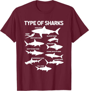 9 Types Of Sharks Ocean Sea Shark Lovers Gifts Women T-Shirt - T-Shirt | Maroon